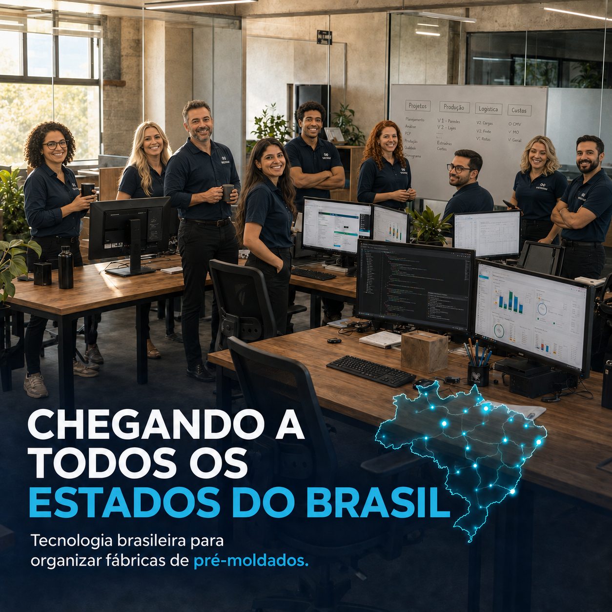 Equipe Mensiz no escritório e mapa do Brasil iluminado, chegando a todos os estados.
