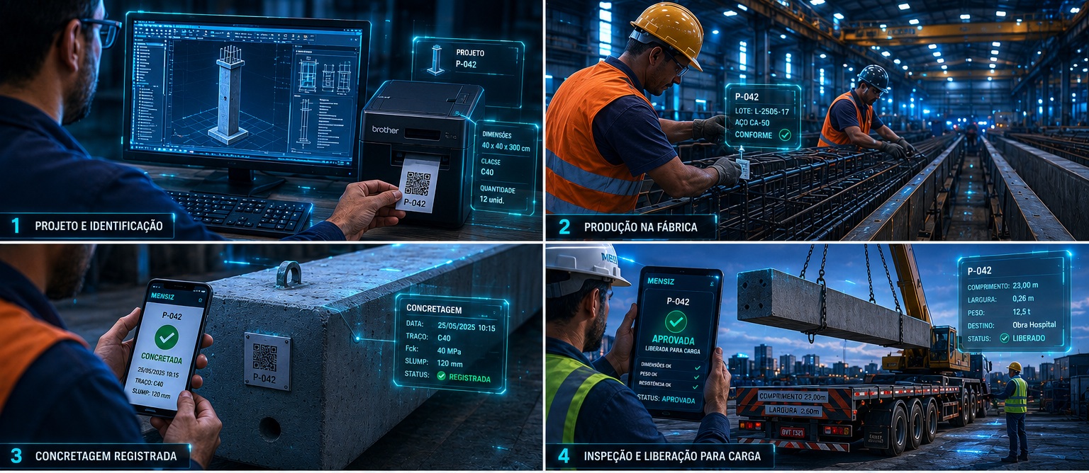 Storyboard da rastreabilidade Mensiz: projeto, produção, concretagem registrada e inspeção/liberação para carga — cada etapa com QR Code e dados da peça em tempo real